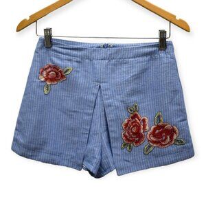 J by JOA Skort S Womens Pin Stripe Embroidered Rose Rockabilly Blue Hipster